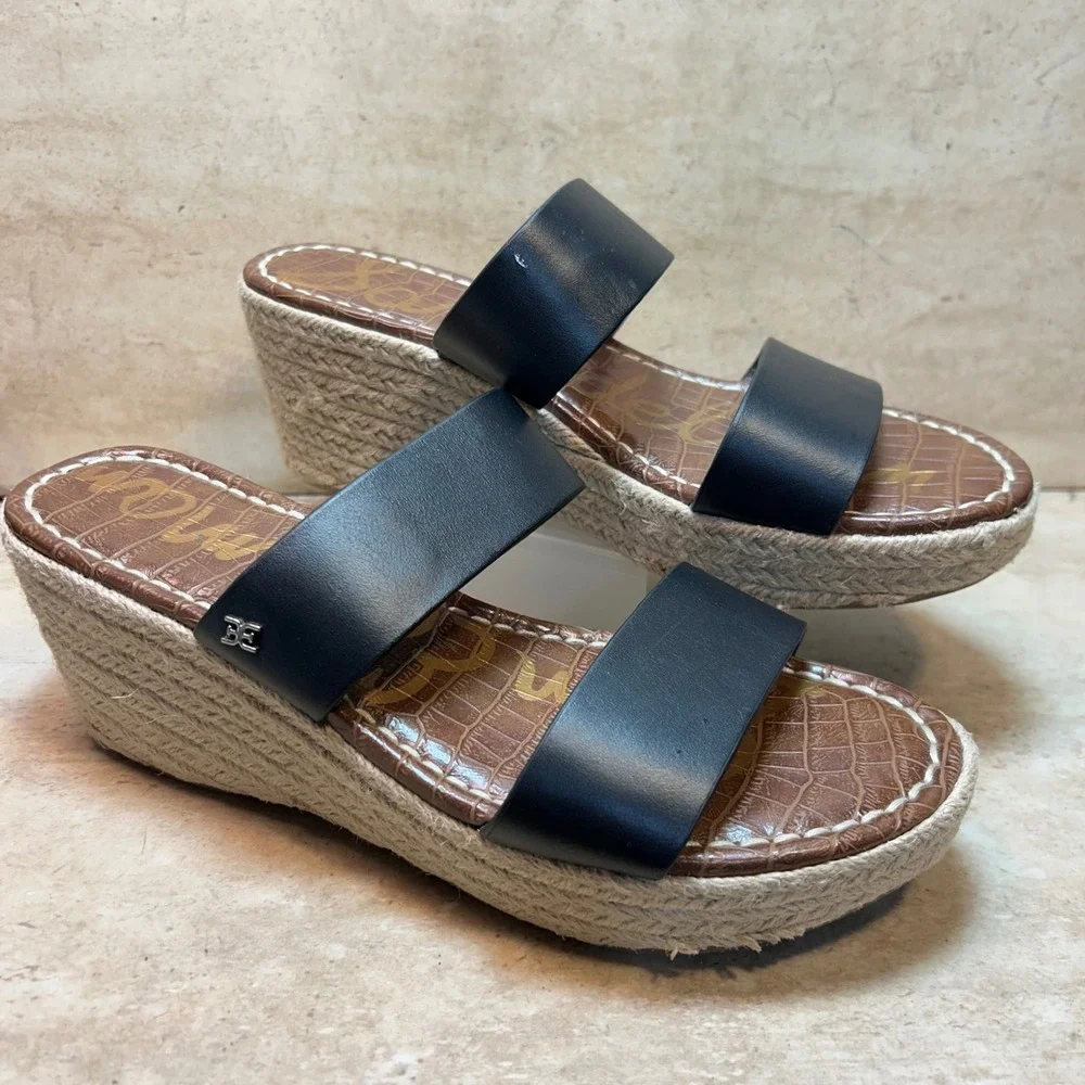 Sam Edelman Rubie Black Leather Double Strap Espadrille Wedge Sandals 9.5M